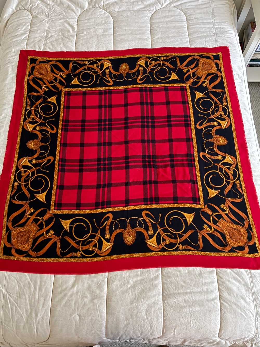 Vintage Leslie Fay Scarf/Wrap 46” Square Red Black Gold